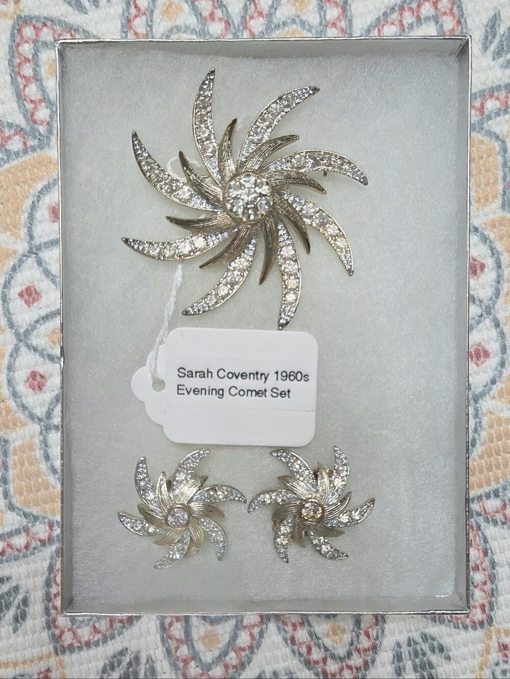 Vintage Sarah Coventry Gold-Tone Clear Crystal Swirl Brooch & Clip Earrings Set